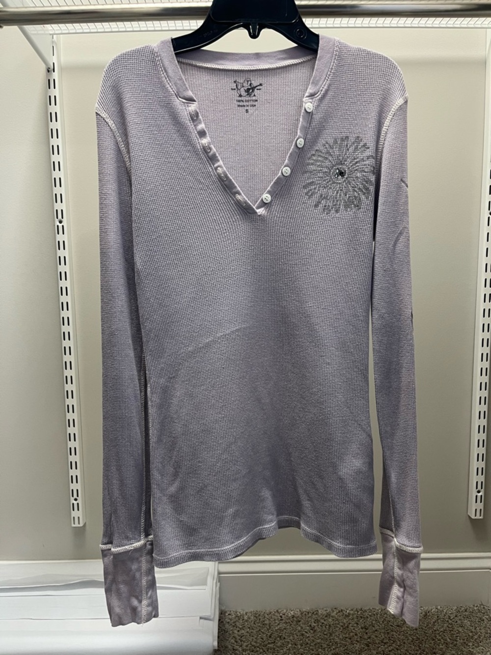 True Religion Lavender Henley Waffle Long Sleeve Top w Embellished Crystal Motif